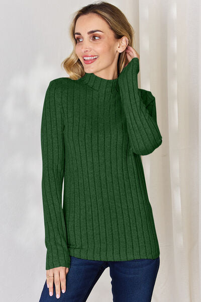 Basic Bae Full Size Ribbed Mock Neck Long Sleeve T-Shirt Mid Green