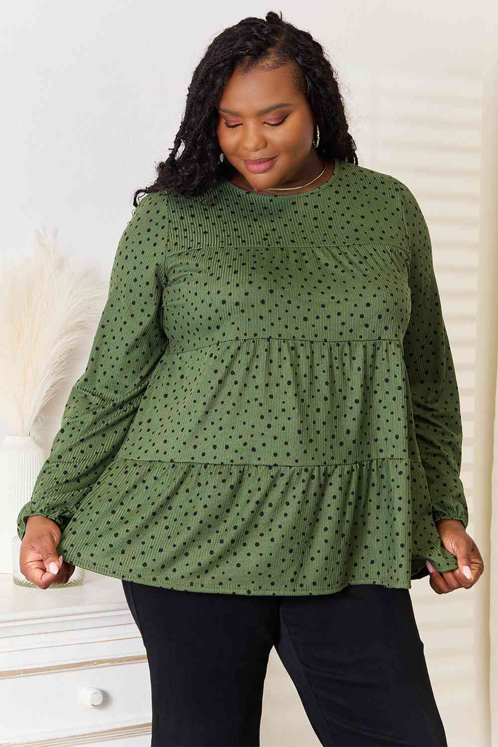 Heimish Full Size Long Puff Sleeve Polka Tiered Top Green