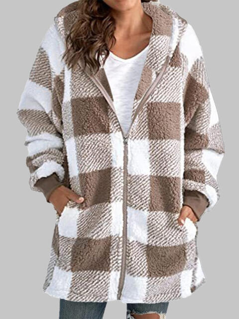 Plaid Zip-Up Hooded Jacket with Pockets Khaki