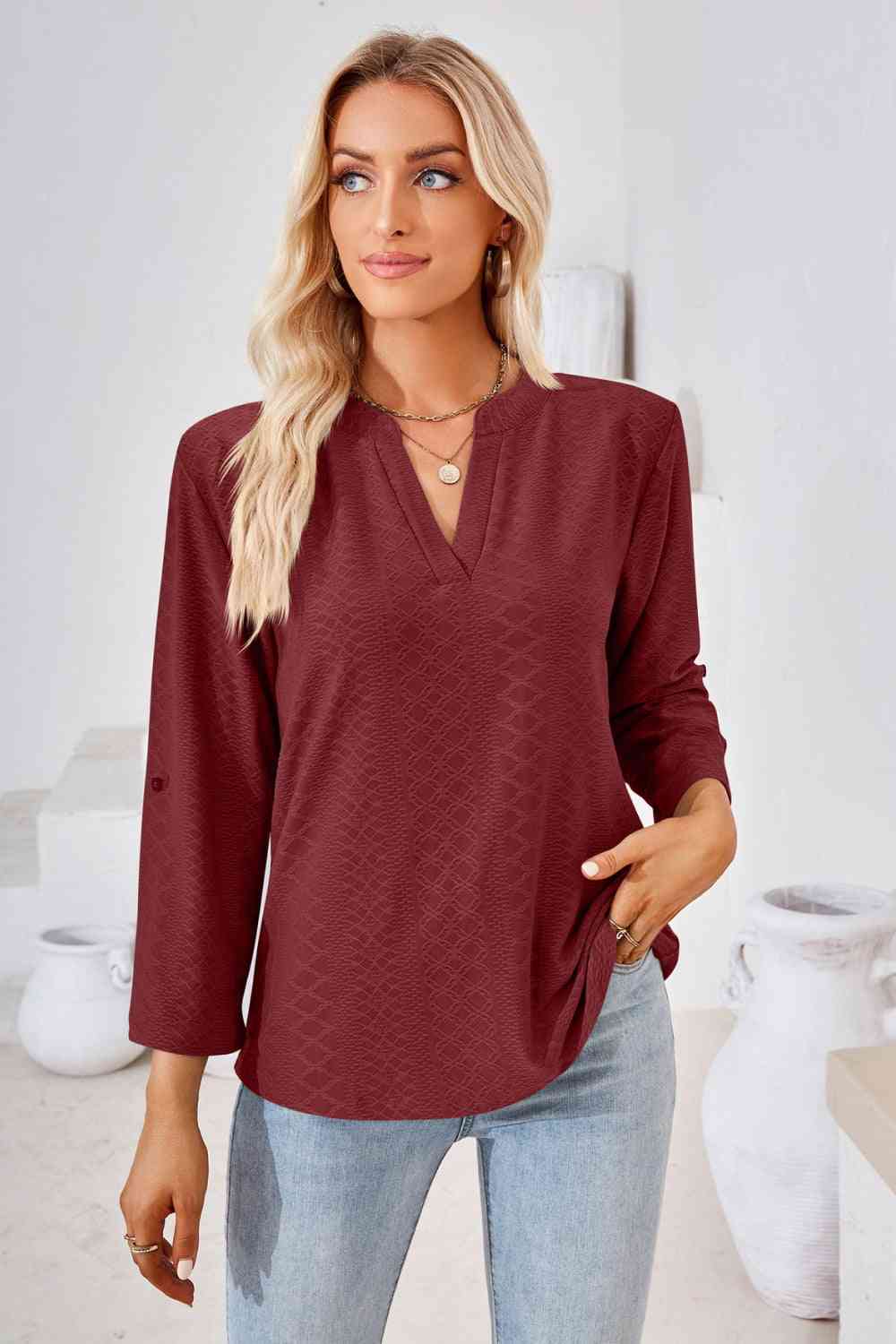 V-Neck Roll-Tap Sleeve Blouse Wine