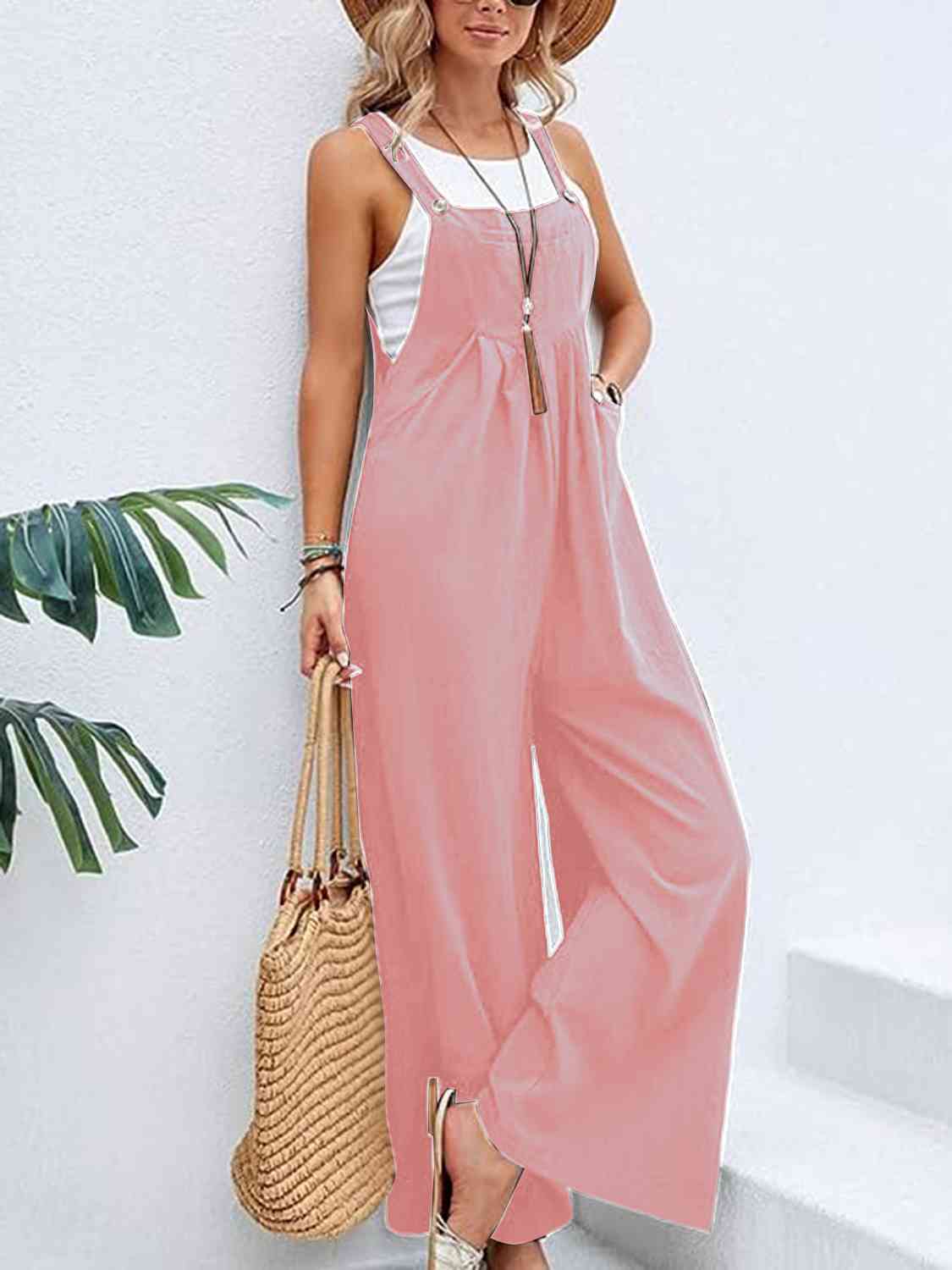 Full Size Wide Leg Overalls with Pockets Blush Pink