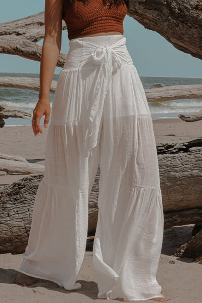 Smocked Tied Wide Leg Pants White