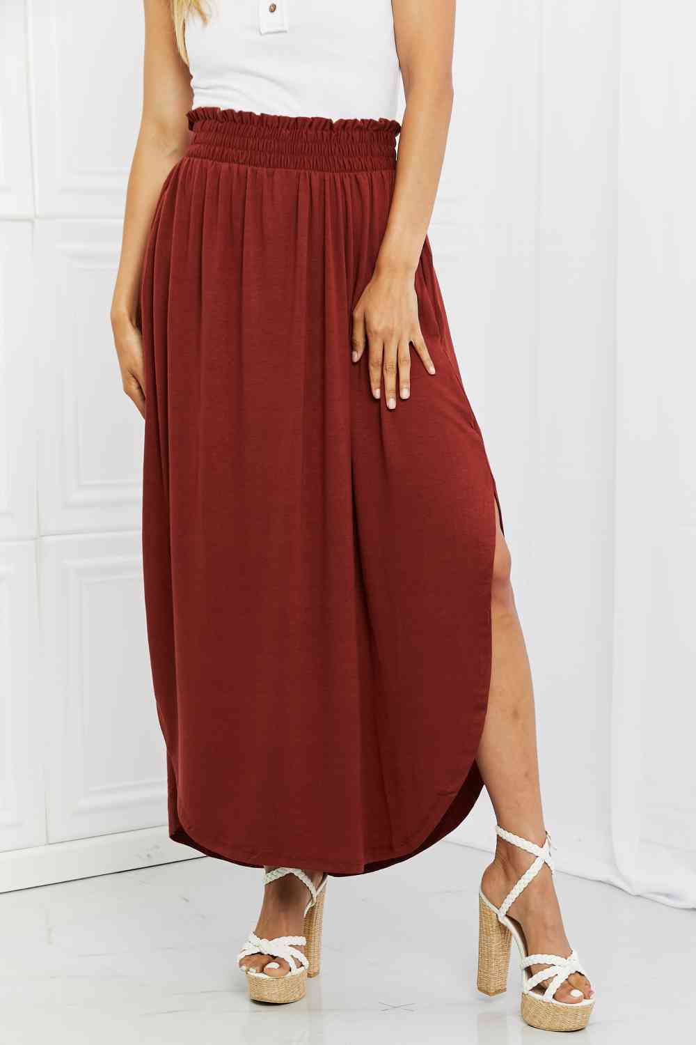 Zenana It's My Time Full Size Side Scoop Scrunch Skirt in Dark Rust Burnt Umber