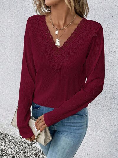 Waffle-Knit Lace Detail V-Neck Long Sleeve T-Shirt