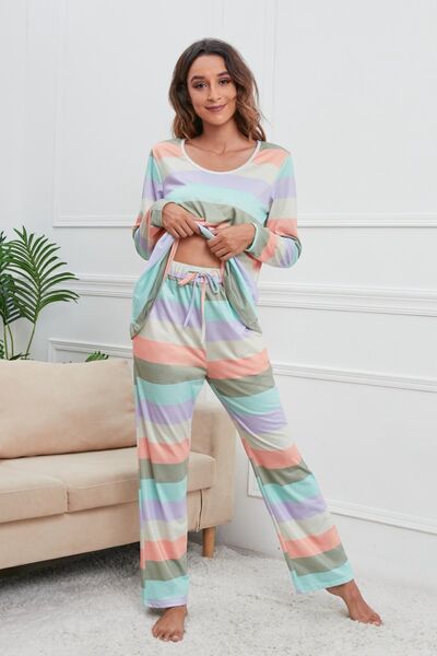 Striped Round Neck Long Sleeve Top and Drawstring Pants Lounge Set Misty Blue