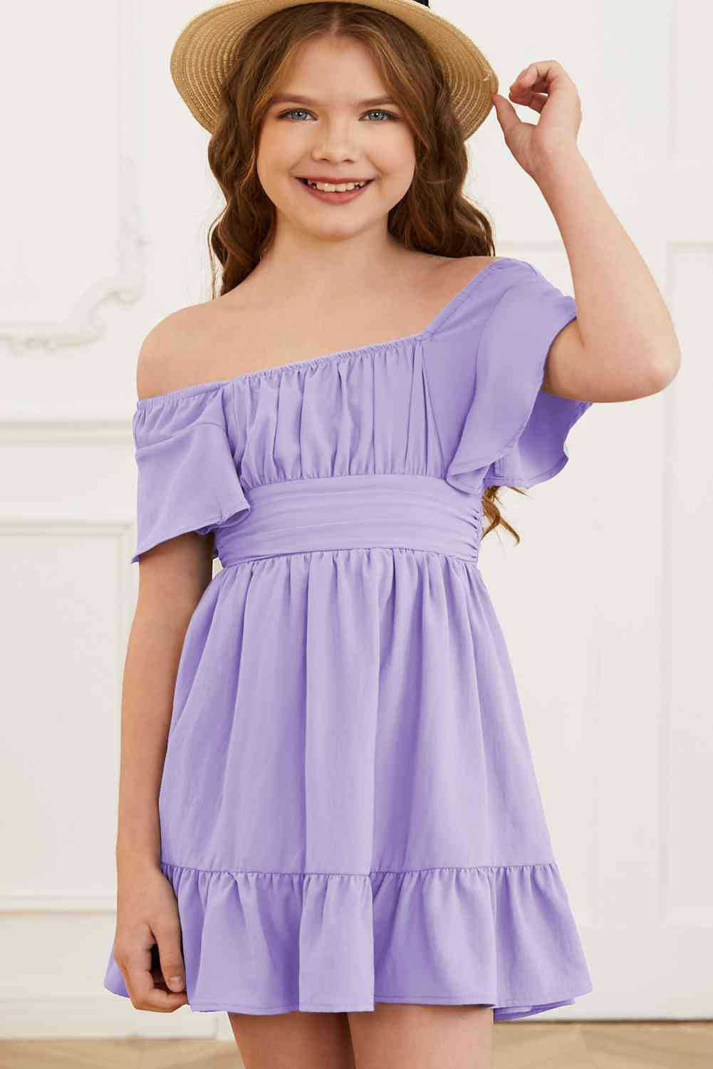 Ruffle Hem Tie-Back Flutter Sleeve Dress Lavender