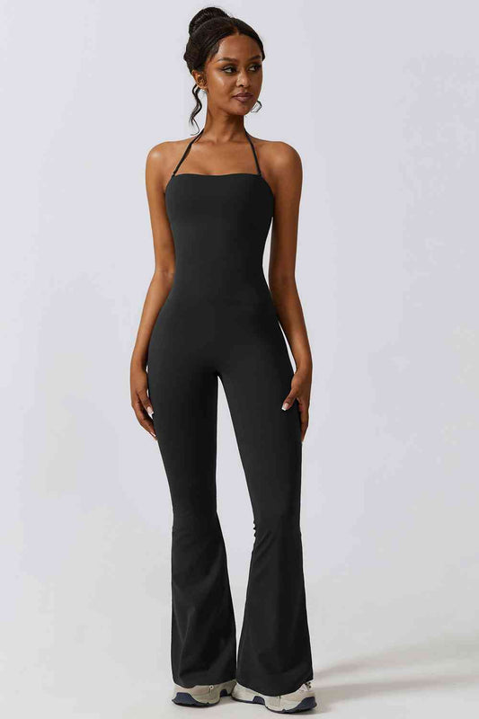 Halter Neck Flare Sport Jumpsuit Black