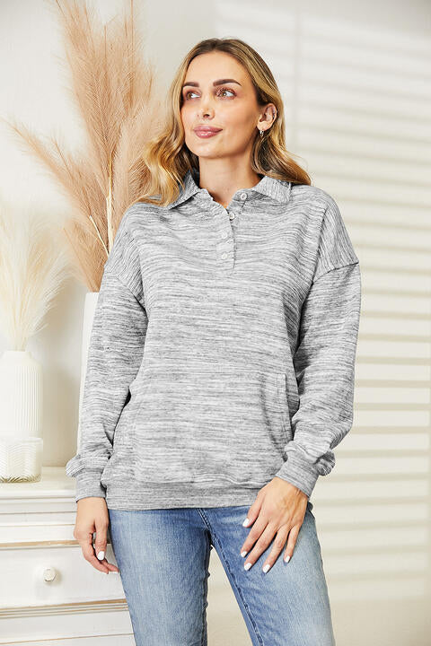 Ninexis Full Size Quarter-Button Collared Sweatshirt Light Gray