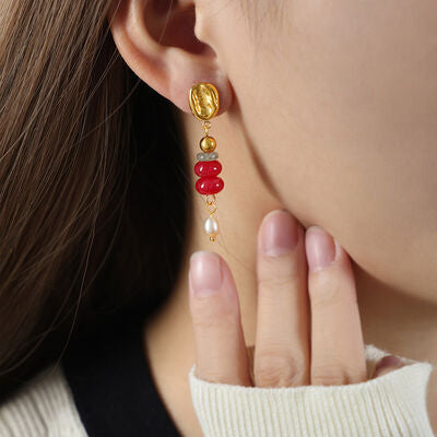 Natural Stone Freshwater Pearl Dangle Earrings Red One Size