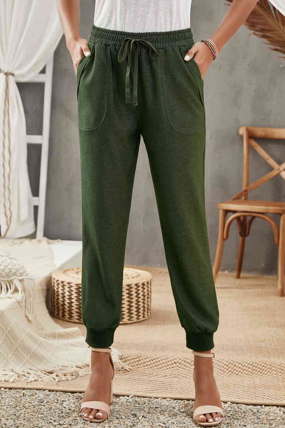 Drawstring Elastic Waist Pocket Joggers Green