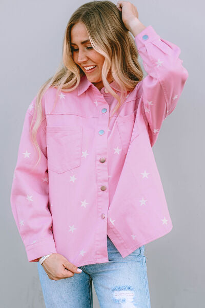 Star Pattern Button Up Slit Denim Jacket Carnation Pink