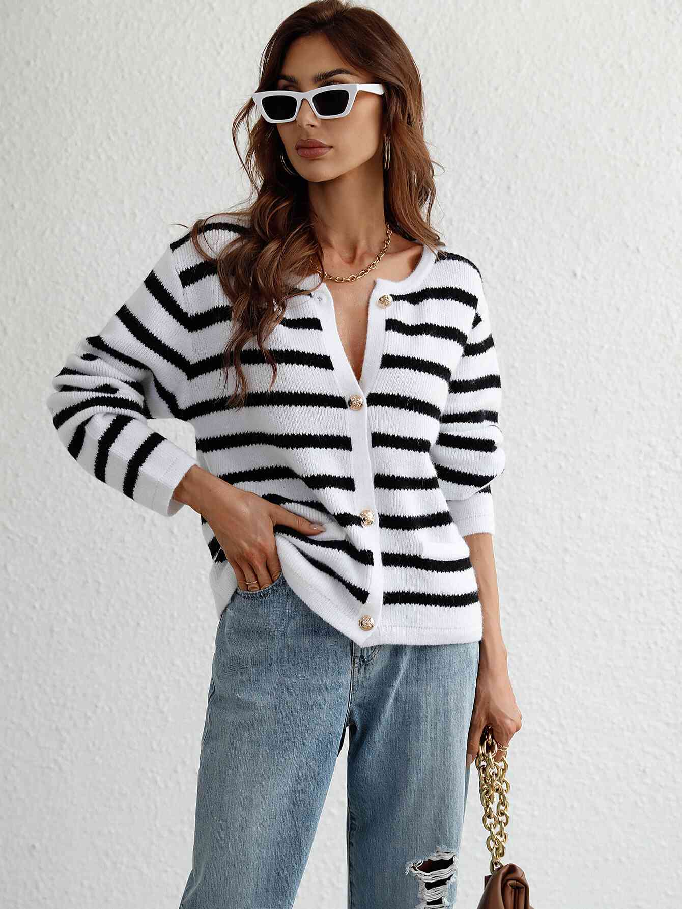 Woven Right Striped Button Front Cardigan White