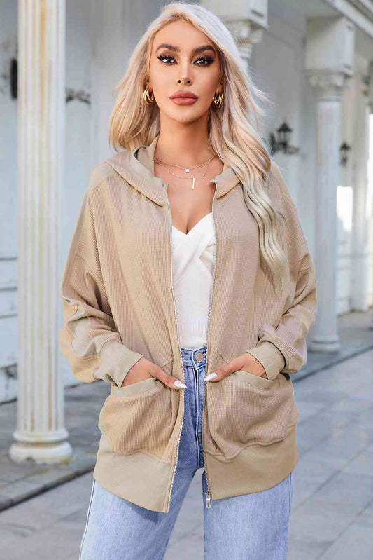 Zip-Up Hooded Jacket with Pockets Tan