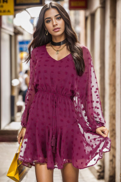 Swiss Dot V-Neck Balloon Sleeve Dress Magenta