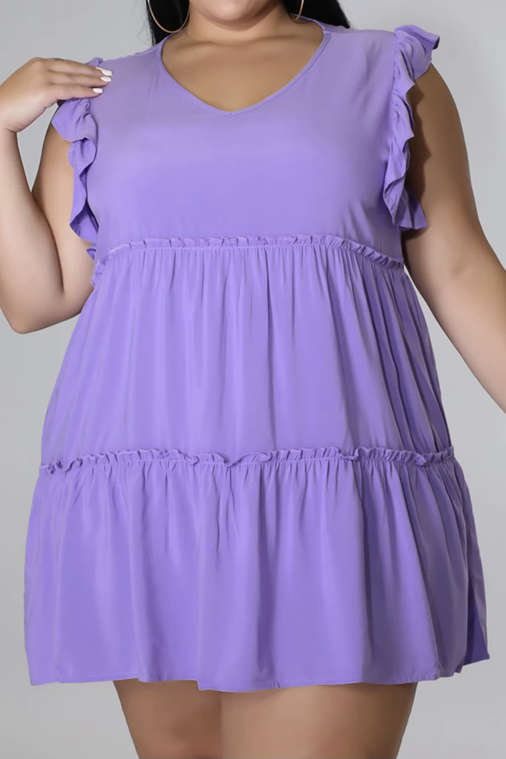 Plus Size V-Neck Frill Trim Mini Dress Lavender