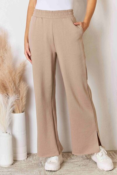 RISEN Wide Waistband Slit Wide Leg Pants Sand