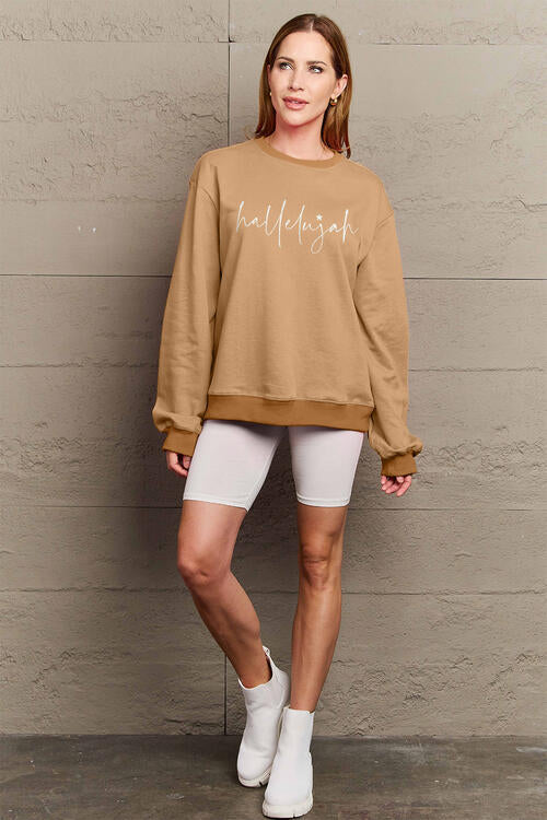 Simply Love Full Size Letter Graphic Long Sleeve Sweatshirt Camel