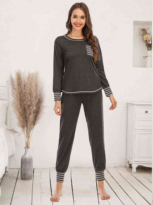 Round Neck Top and Pants Lounge Set Charcoal