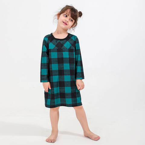 Girl Plaid Round Neck Long Sleeve Dress Teal