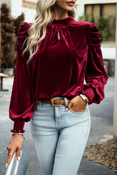 Mock Neck Puff Sleeve Blouse Wine