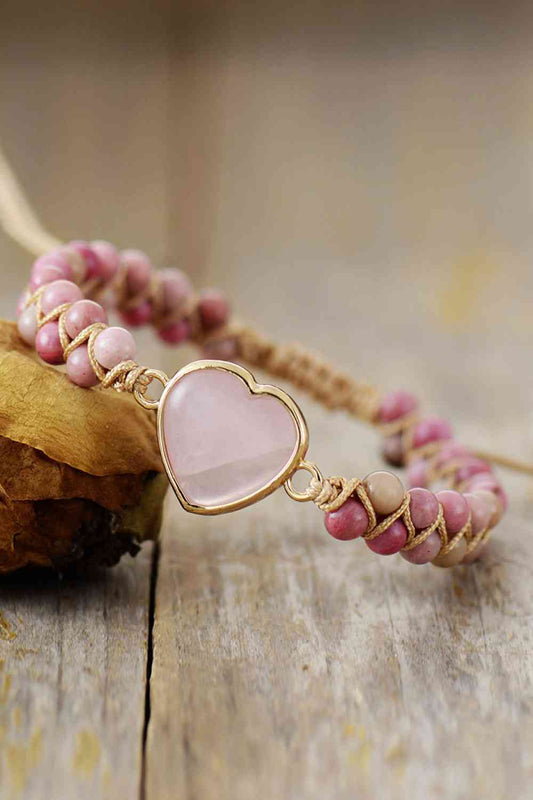 Rose Quartz Heart Beaded Bracelet Dusty Pink One Size