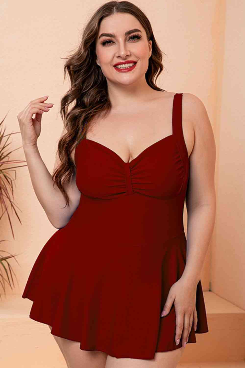 Full Size Gathered Detail Swim Dress Wine