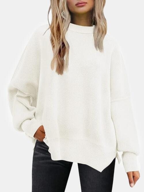 Round Neck Drop Shoulder Slit Sweater White