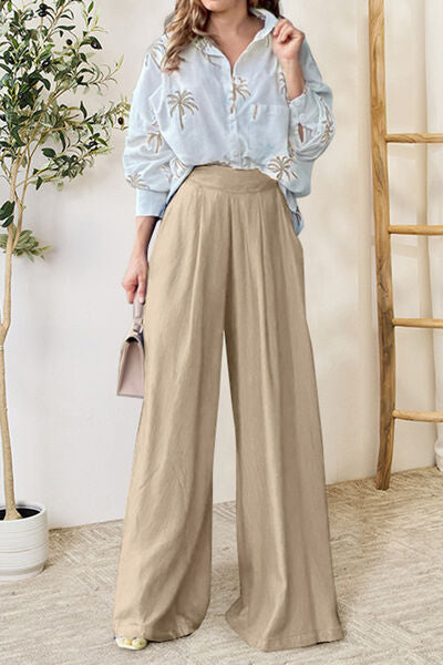 Pocketed Dropped Shoulder Shirt and Wide Leg Pants Set Dust Storm