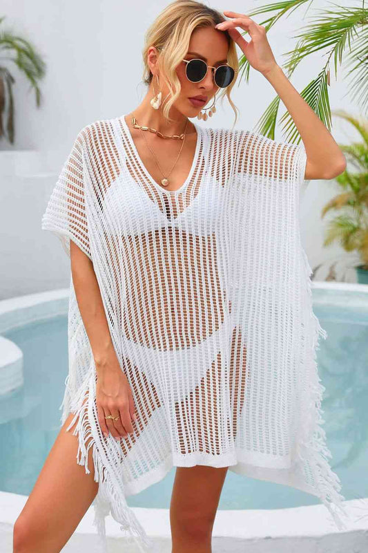 Fringe Trim Openwork Cover Up White One Size