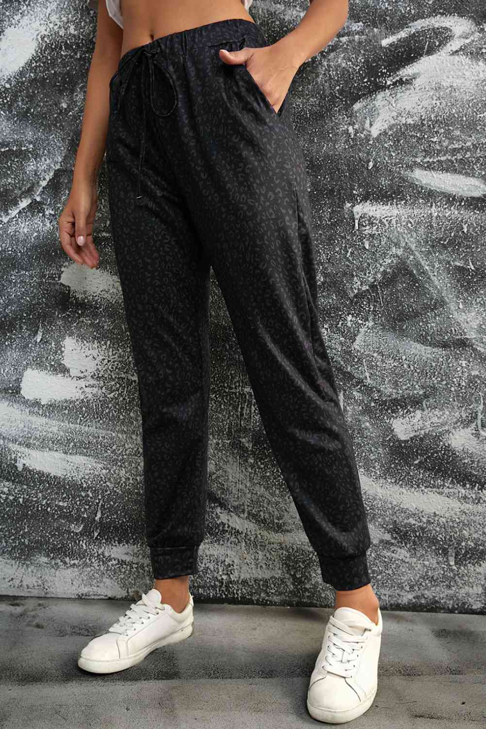 Double Take Leopard Print Joggers with Pockets Charcoal