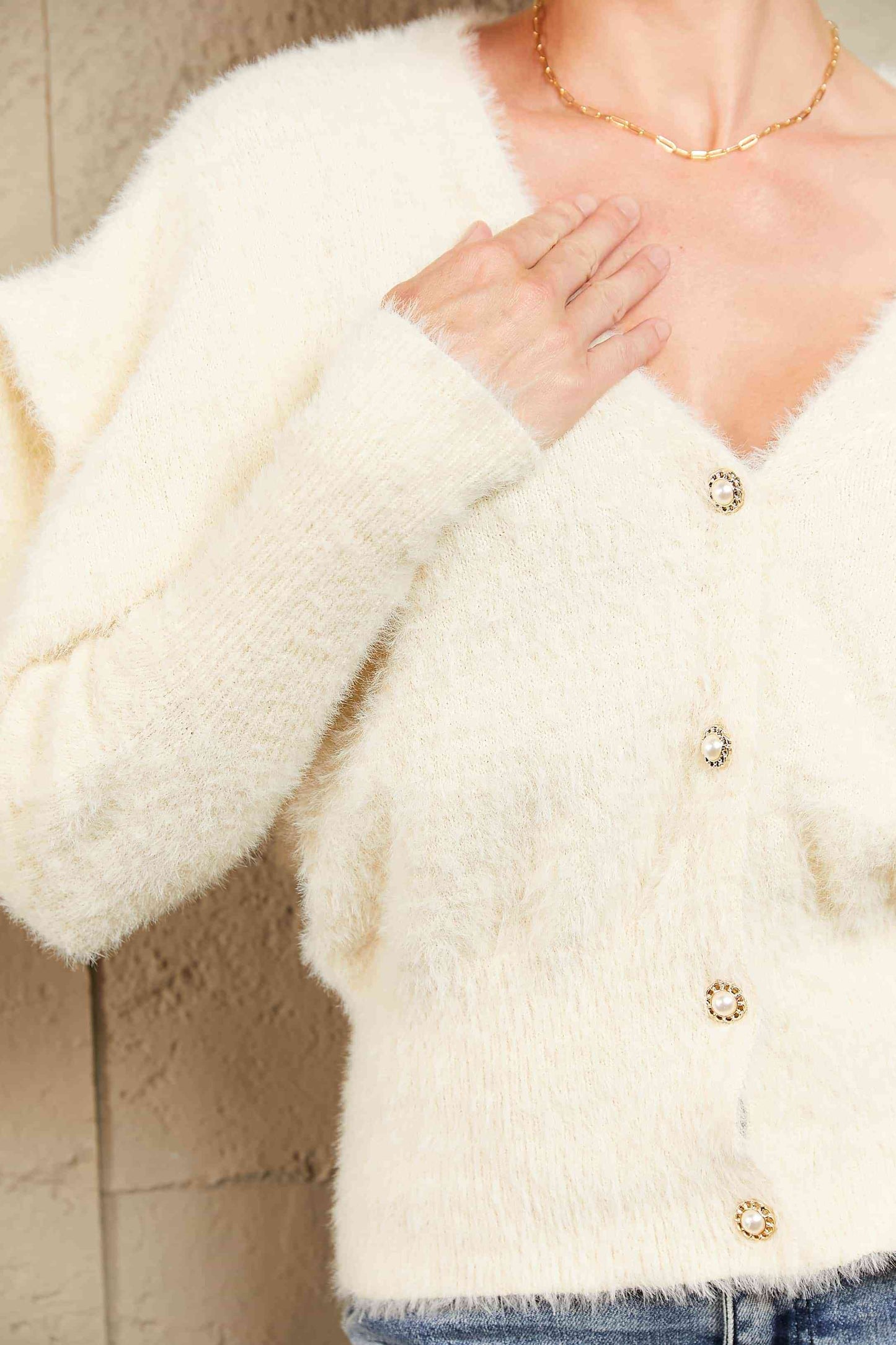 Woven Right Puff Sleeve V-Neck Fuzzy Cardigan