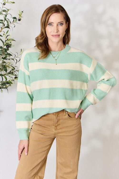 Sew In Love Full Size Contrast Striped Round Neck Sweater Sage/Ivory