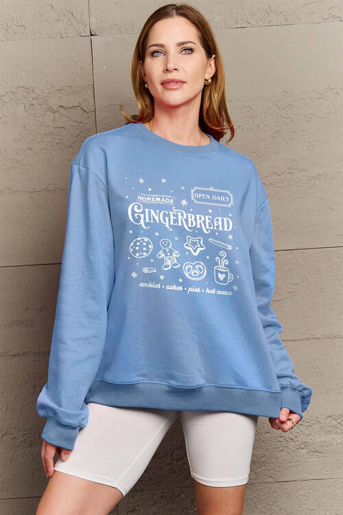 Simply Love Full Size GINGERBREAD Long Sleeve Sweatshirt Misty Blue