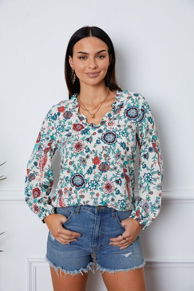 Floral Notched Long Sleeve Blouse Multicolor