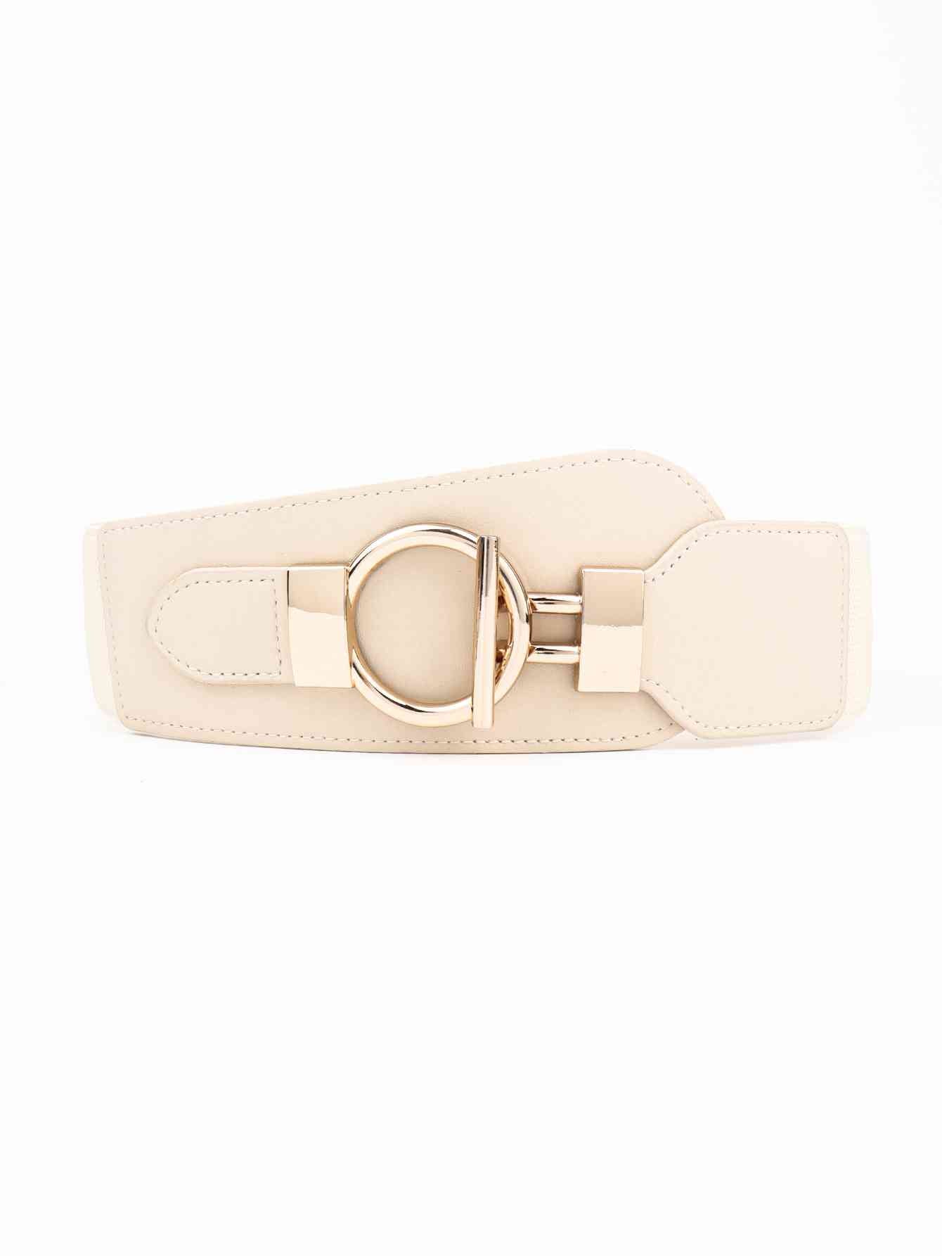 PU Elastic Wide Belt with Alloy Buckle Cream One Size