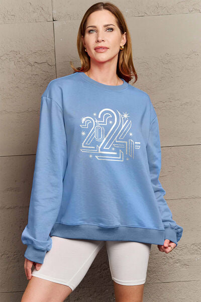 Simply Love Full Size 2024 Round Neck Dropped Shoulder Sweatshirt Misty Blue