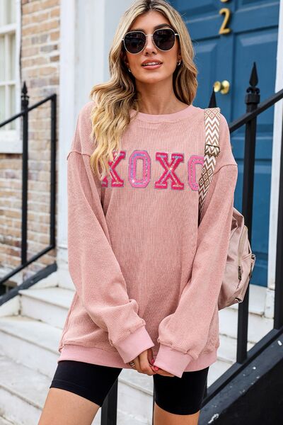 XOXO Round Neck Dropped Shoulder Sweatshirt Dusty Pink