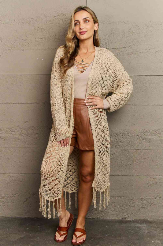 HEYSON Boho Chic Full Size Western Knit Fringe Cardigan Oatmeal