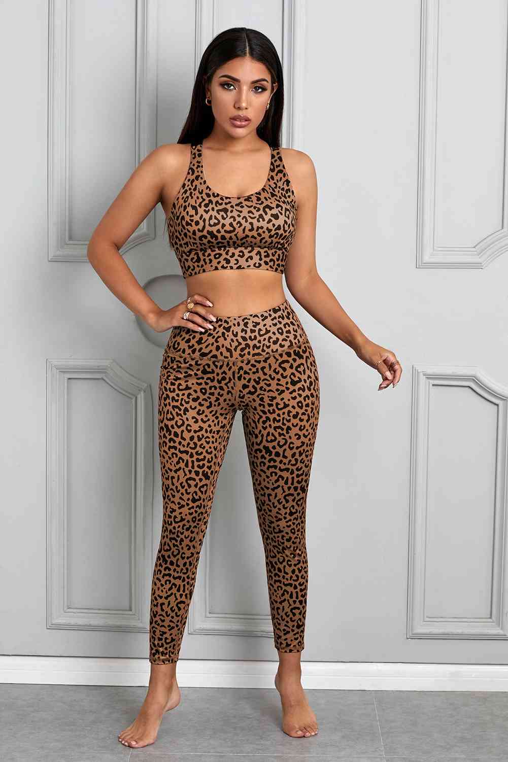 Printed Sports Bra and Leggings Set Leopard