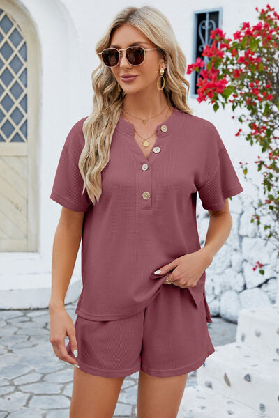 Notched Button Detail Dropped Shoulder Top and Shorts Set Brick Red
