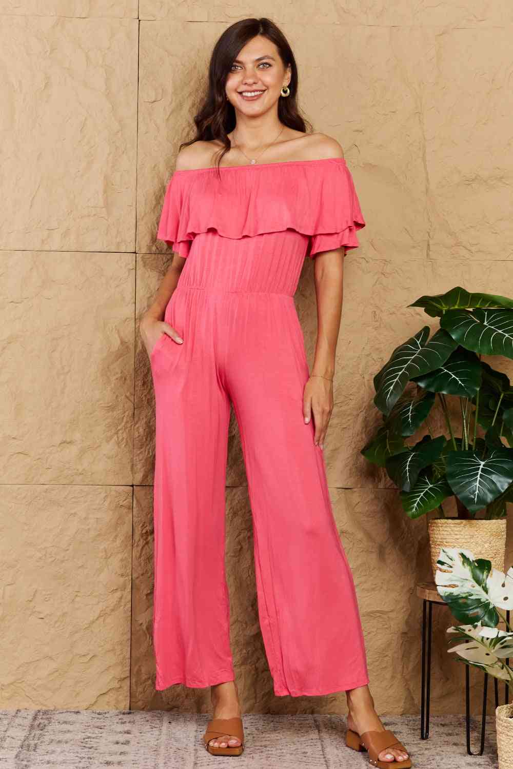 Heimish My Favorite Full Size Off-Shoulder Jumpsuit with Pockets Coral