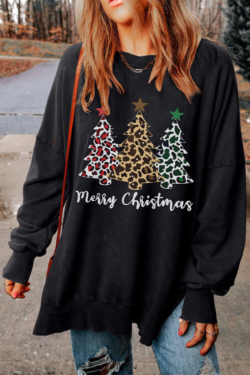 MERRY CHRISTMAS Graphic Dropped Shoulder Sweatshirt Black