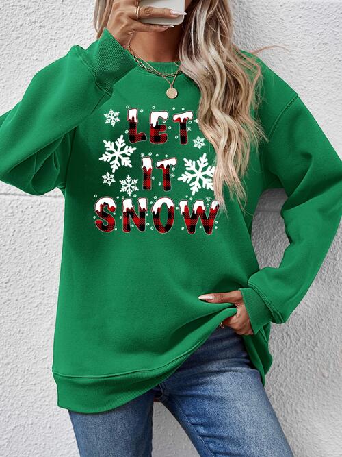 LET IT SNOW Round Neck Long Sleeve Sweatshirt Green
