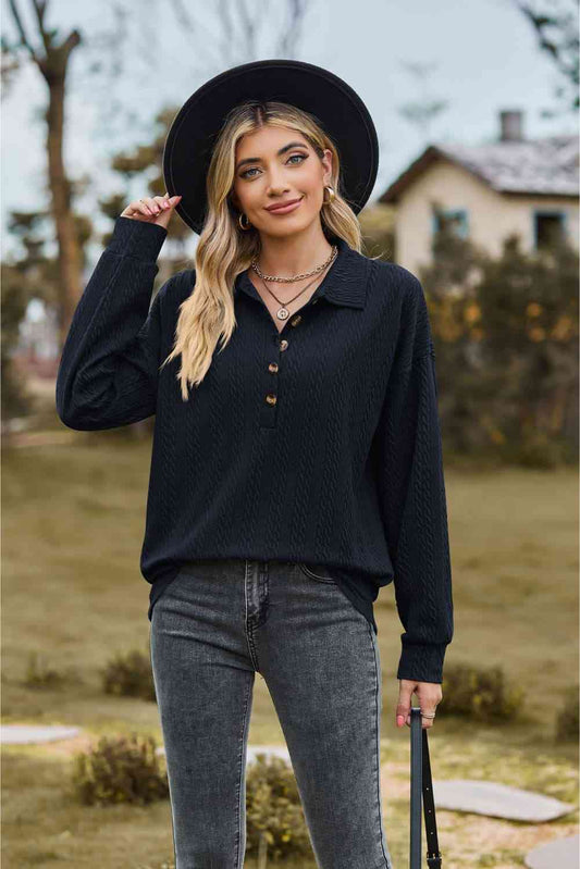 Collared Neck Long Sleeve Blouse Navy