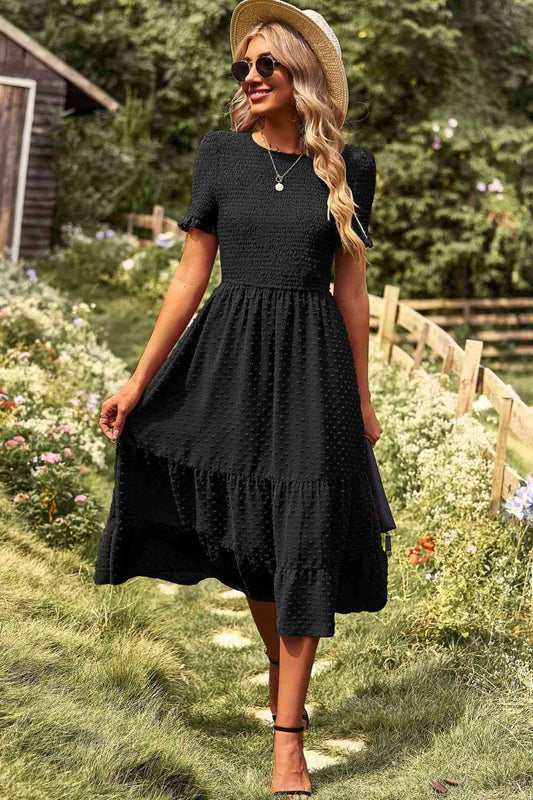 Swiss Dot Smocked Round Neck Short Sleeve Midi Dress Black