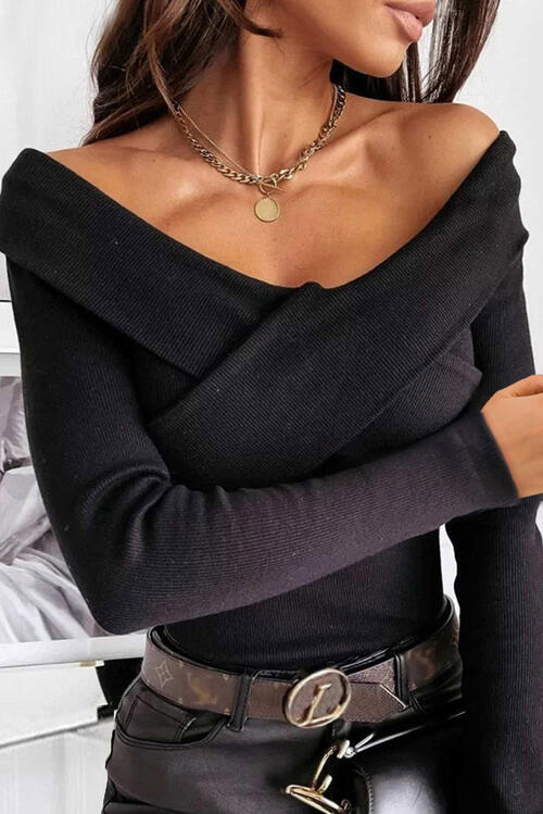 Ribbed Crisscross Long Sleeve Knit Top Black