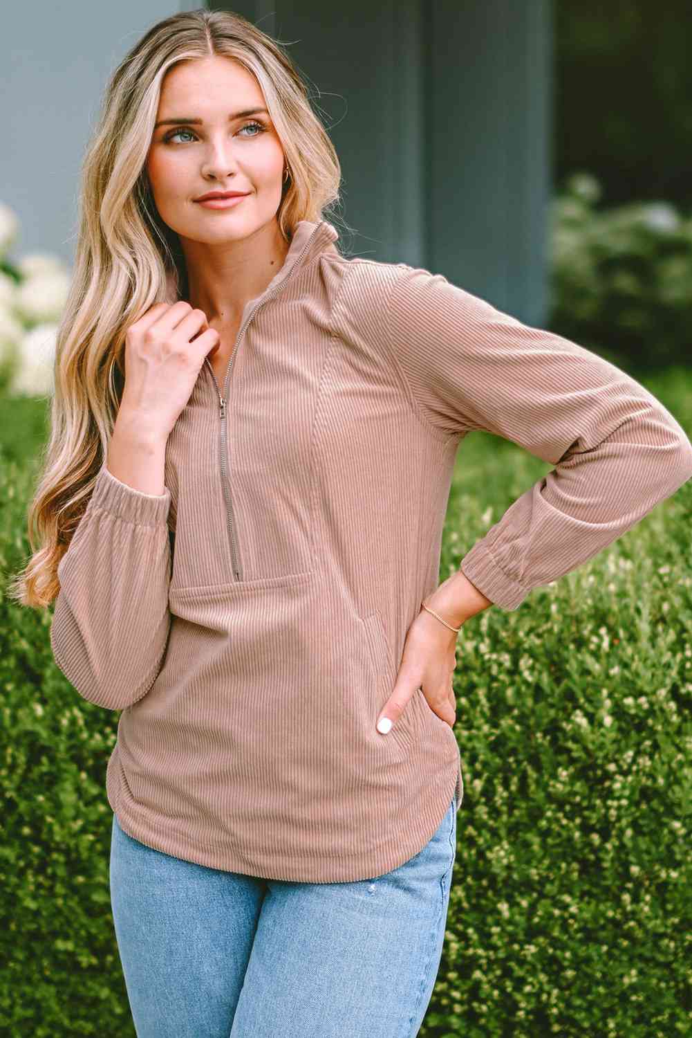 Ribbed Zip-Up Long Sleeve Sweatshirt Dust Storm