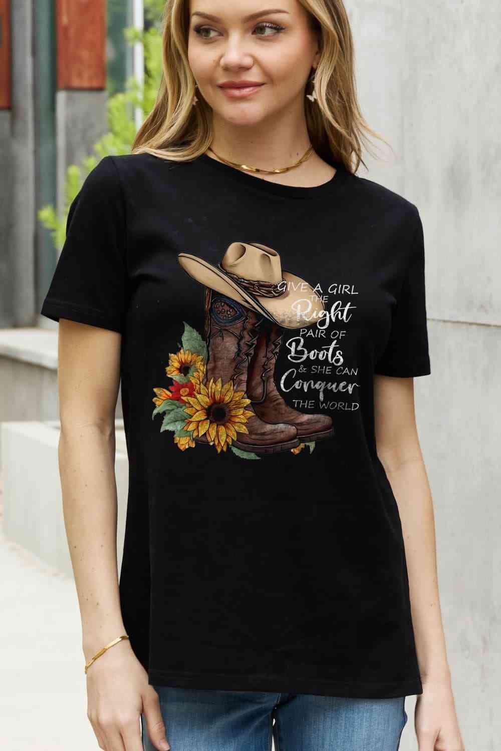 Simply Love Full Size Cowboy Hat & Boots Graphic Cotton Tee Black