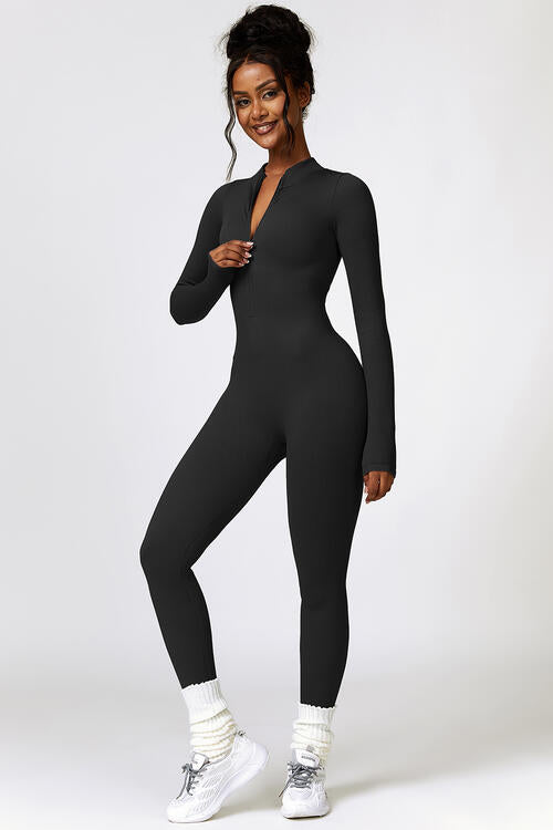 Half Zip Long Sleeve Active Jumpsuit Black