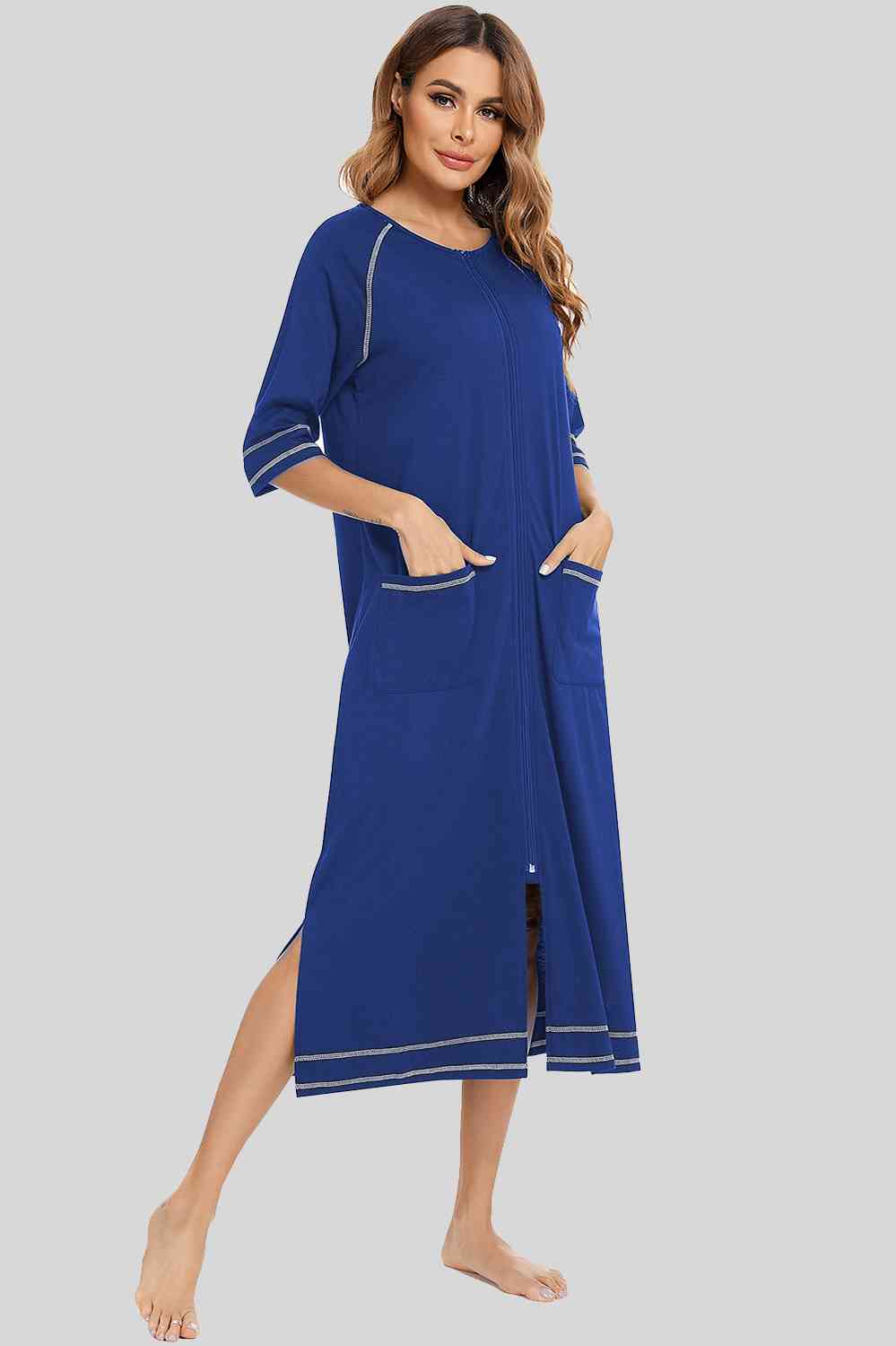 Zip Up Slit Round Neck Night Dress with Pockets Peacock Blue